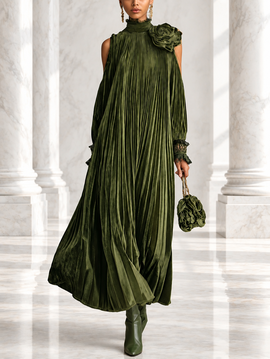 Simonetta | Pleated Maxi Dress with Floral Shoulder