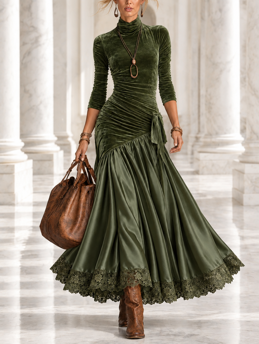 Antonella | Velvet and Satin Maxi Dress with Lace Hem