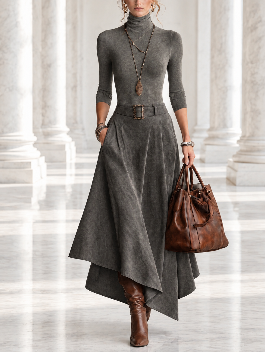 Fabiola | Roll-Neck Top and Asymmetric Skirt Set
