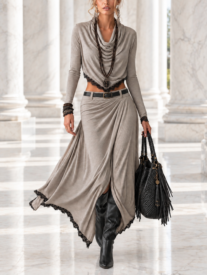Michela | Draped Top and Slit Maxi Skirt Set