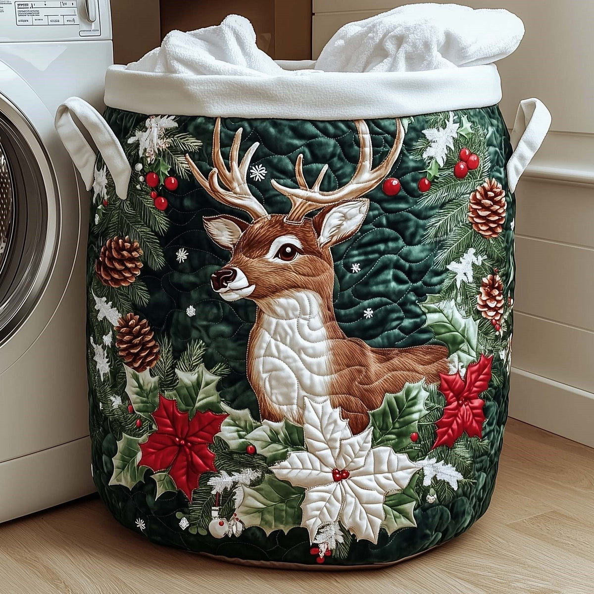 Holly | Holly and Deer Quilted Laundry Basket