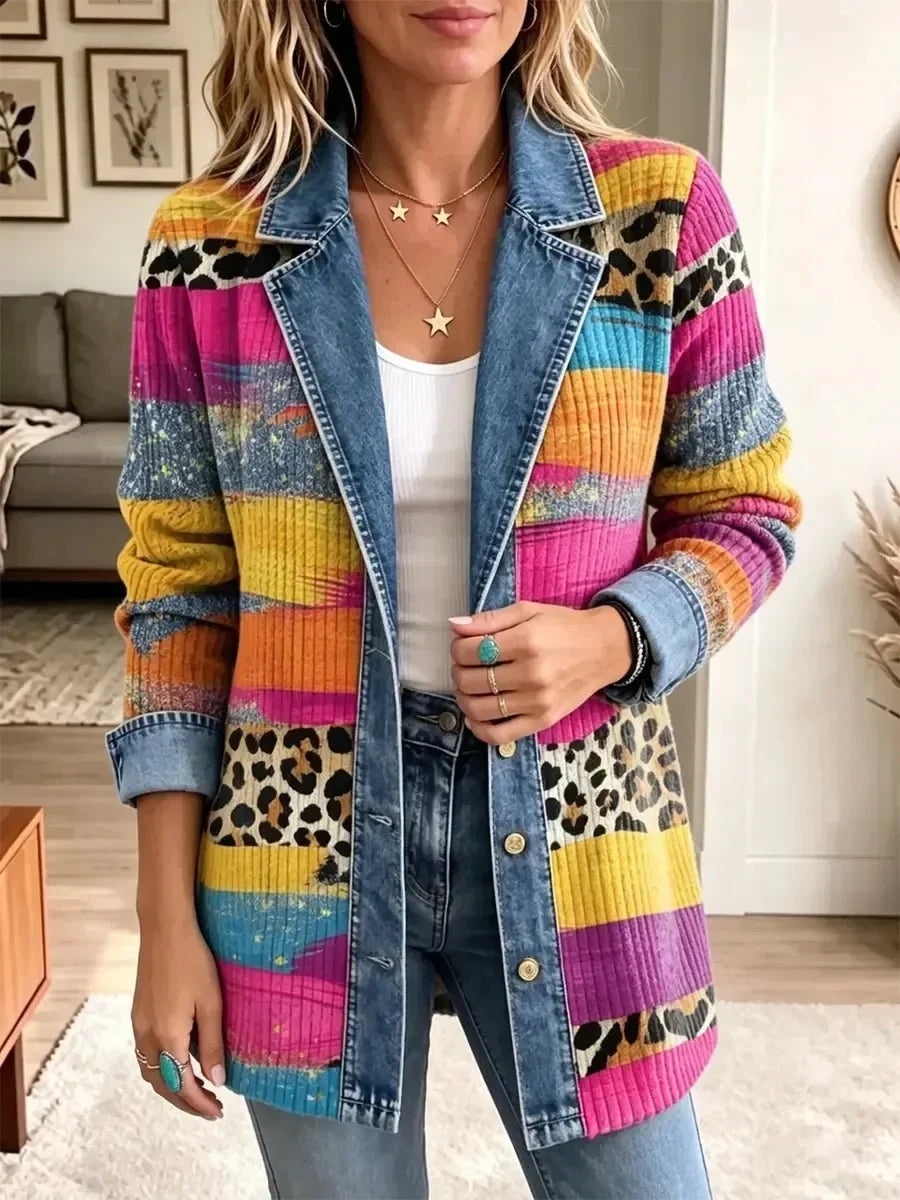 Victoire | Veste en Jean Rétro à Motif Léopard Multicolore