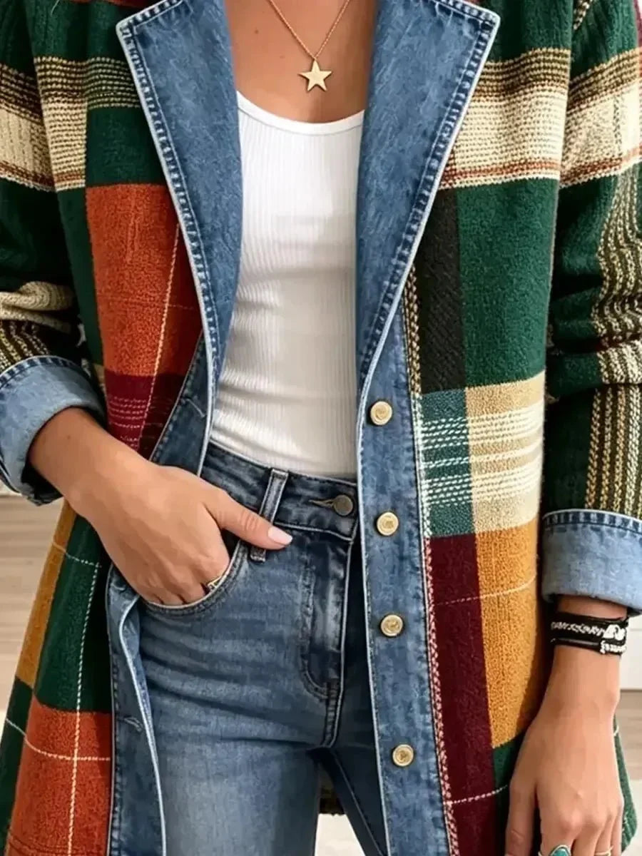 Élodie | Veste en Jean Rétro à Motif Carreaux Art Décontractée