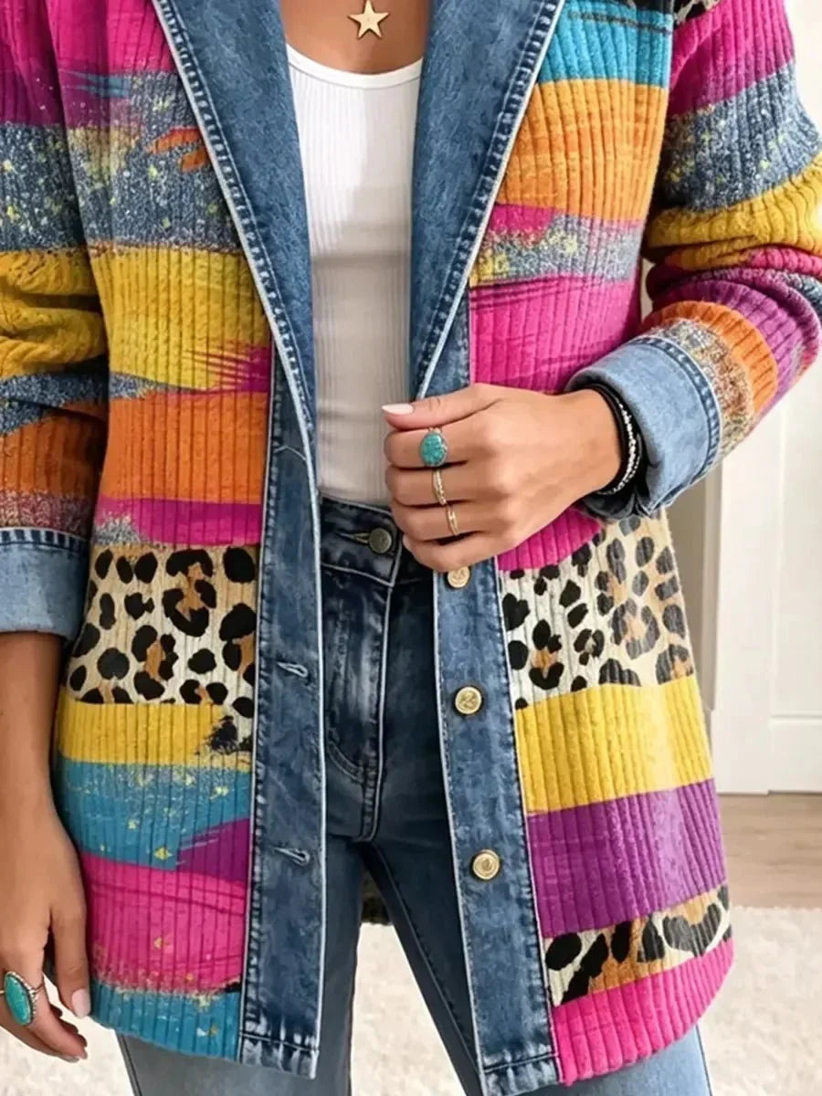 Victoire | Veste en Jean Rétro à Motif Léopard Multicolore