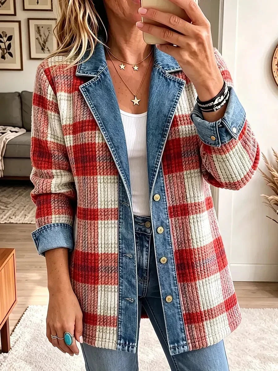 Capucine | Veste en Jean Vintage Élégante Patchwork Rouge