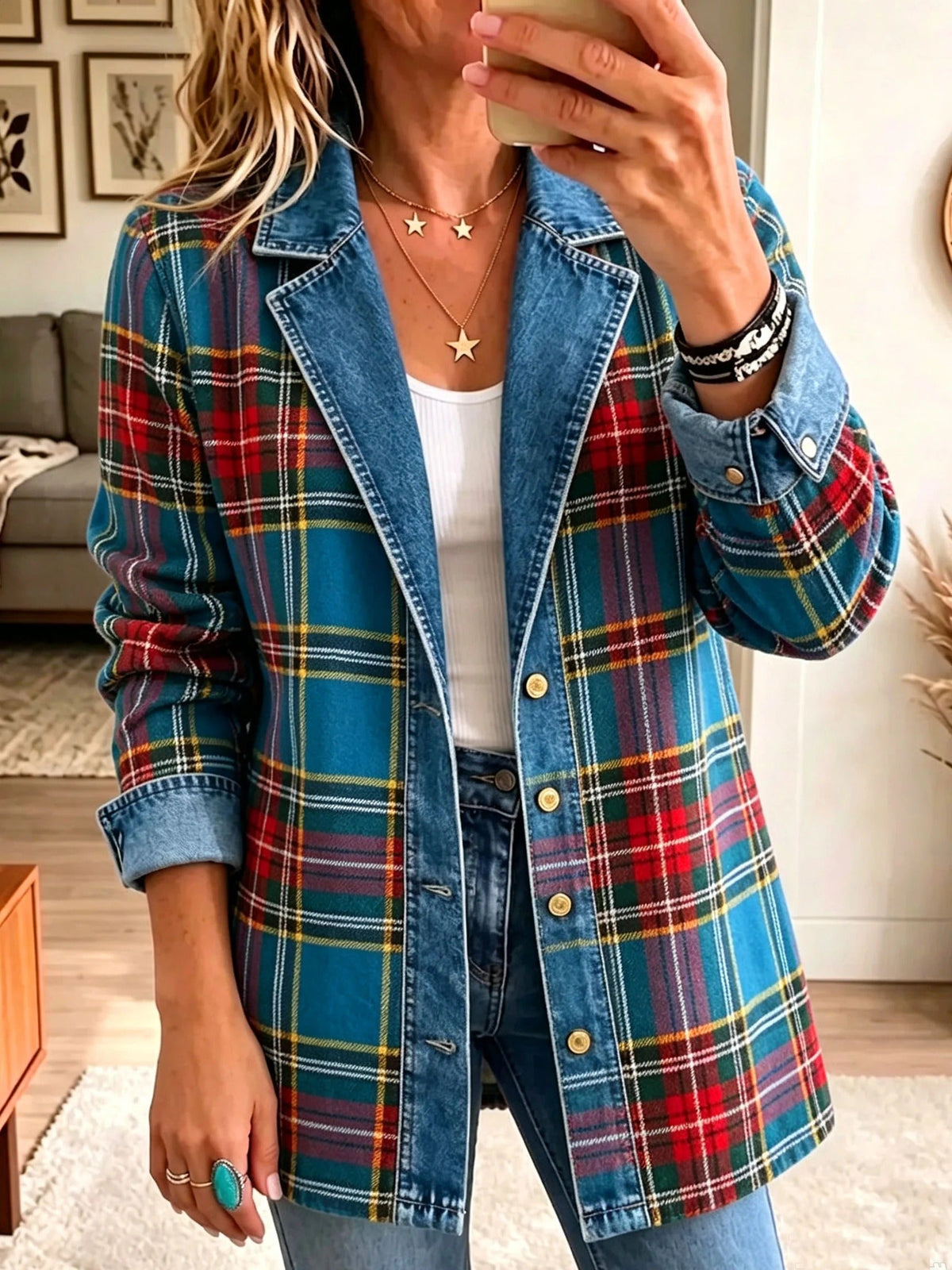 Gracieuse | Blazer Femme en Jean à Carreaux Tartan Bleu
