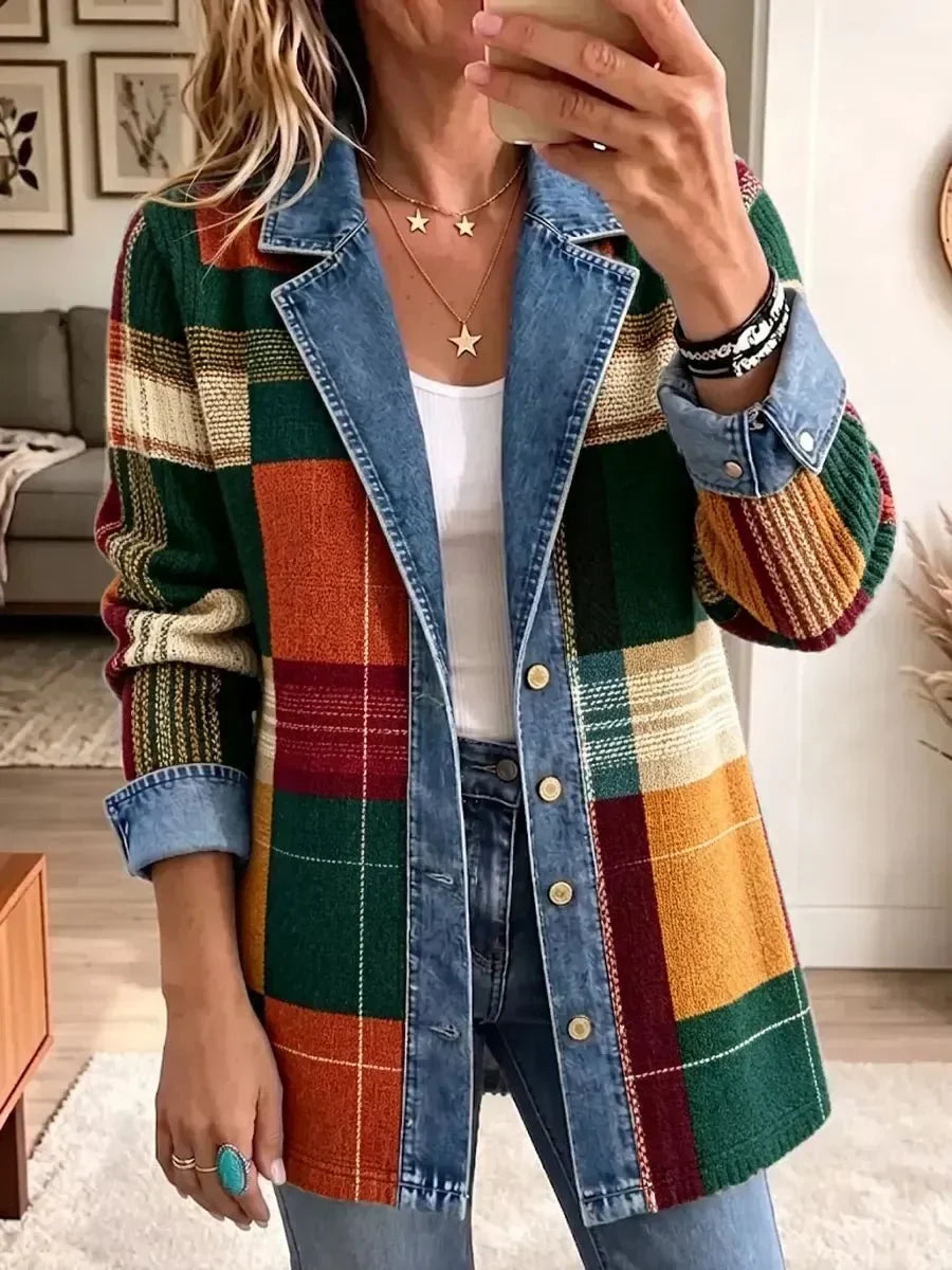 Élodie | Veste en Jean Rétro à Motif Carreaux Art Décontractée