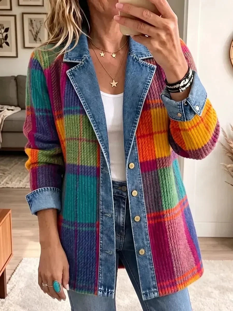Emmanuelle | Veste en Jean Vintage Élégante Patchwork à Carreaux