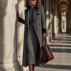 Adele | Long Herringbone Coat with Velvet Trim