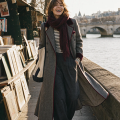 Adele | Long Herringbone Coat with Velvet Trim