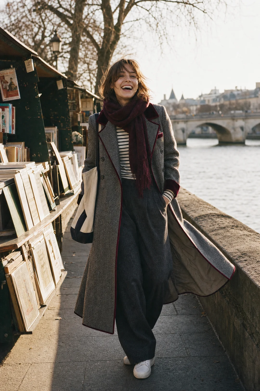 Adele | Long Herringbone Coat with Velvet Trim