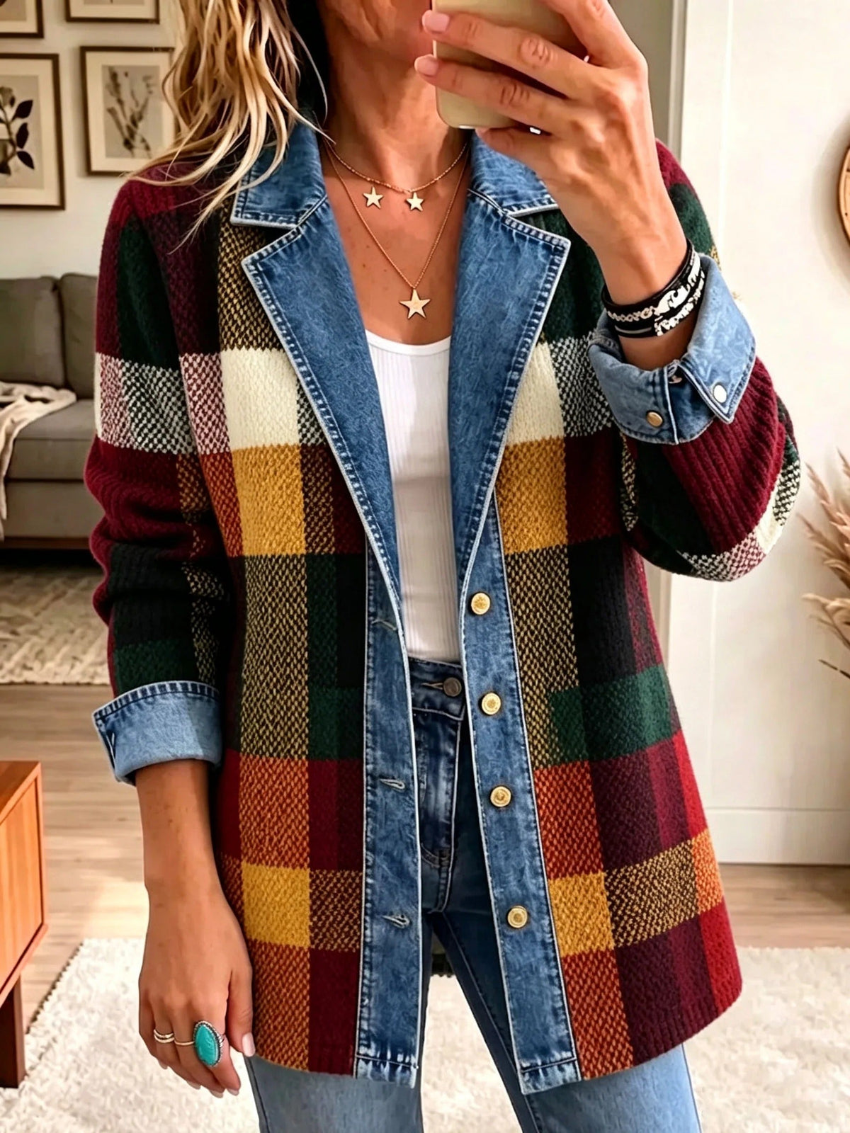 Isabelle | Veste en Jean d'Automne Color-Block à Carreaux