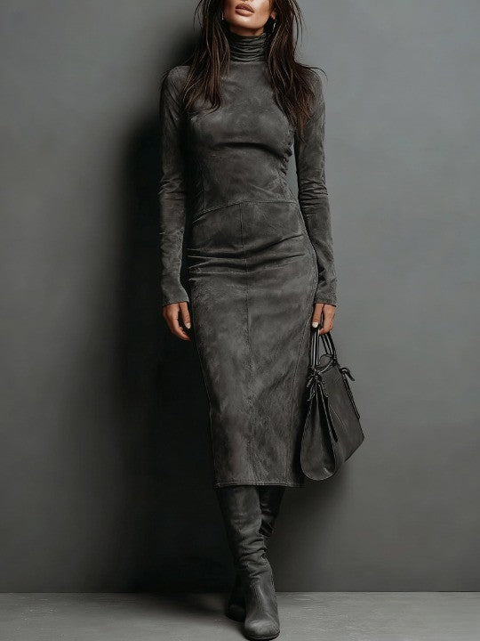 Ava | Faux Suede High-Neck Midi Dress