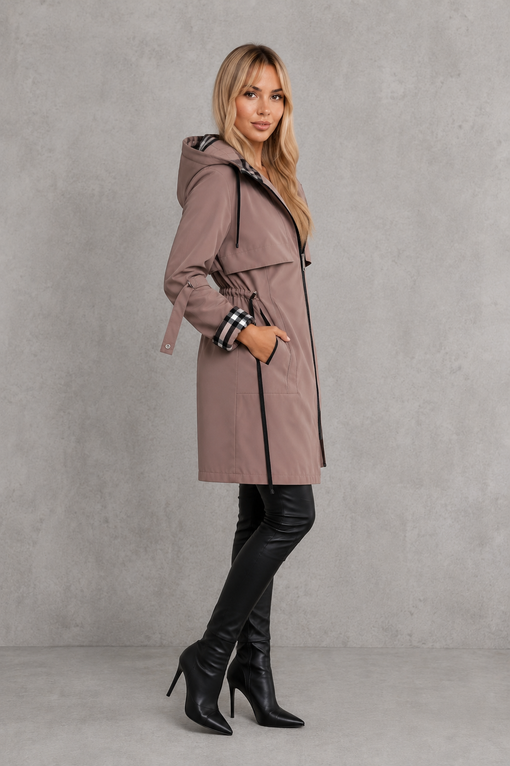 Mabel | Waterproof Hooded Jacket with Check Details