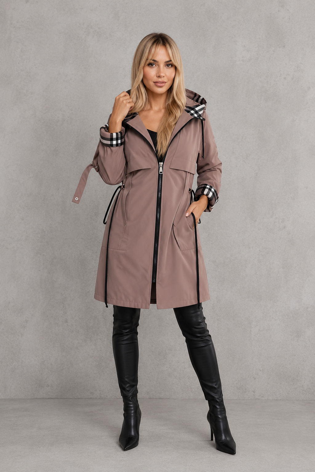 Mabel | Waterproof Hooded Jacket with Check Details