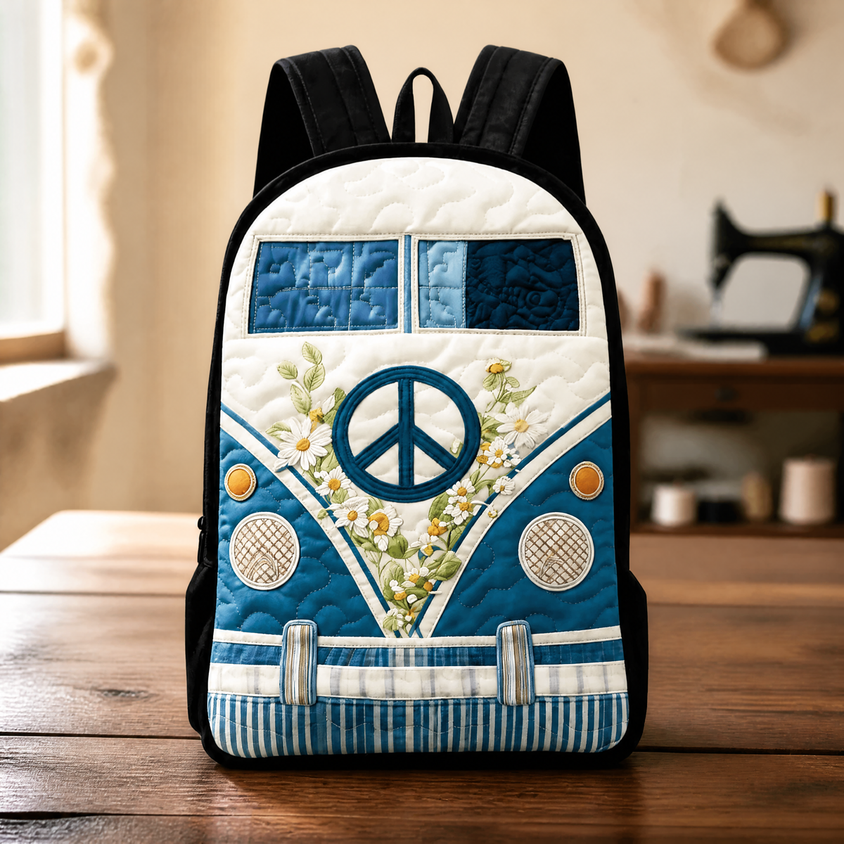 Stina | Retro Camper Quilted Backpack with Black Straps