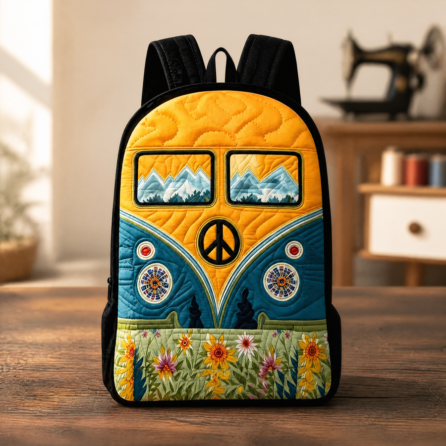 Peggy | Vintage Camper Quilted Backpack with Black Straps