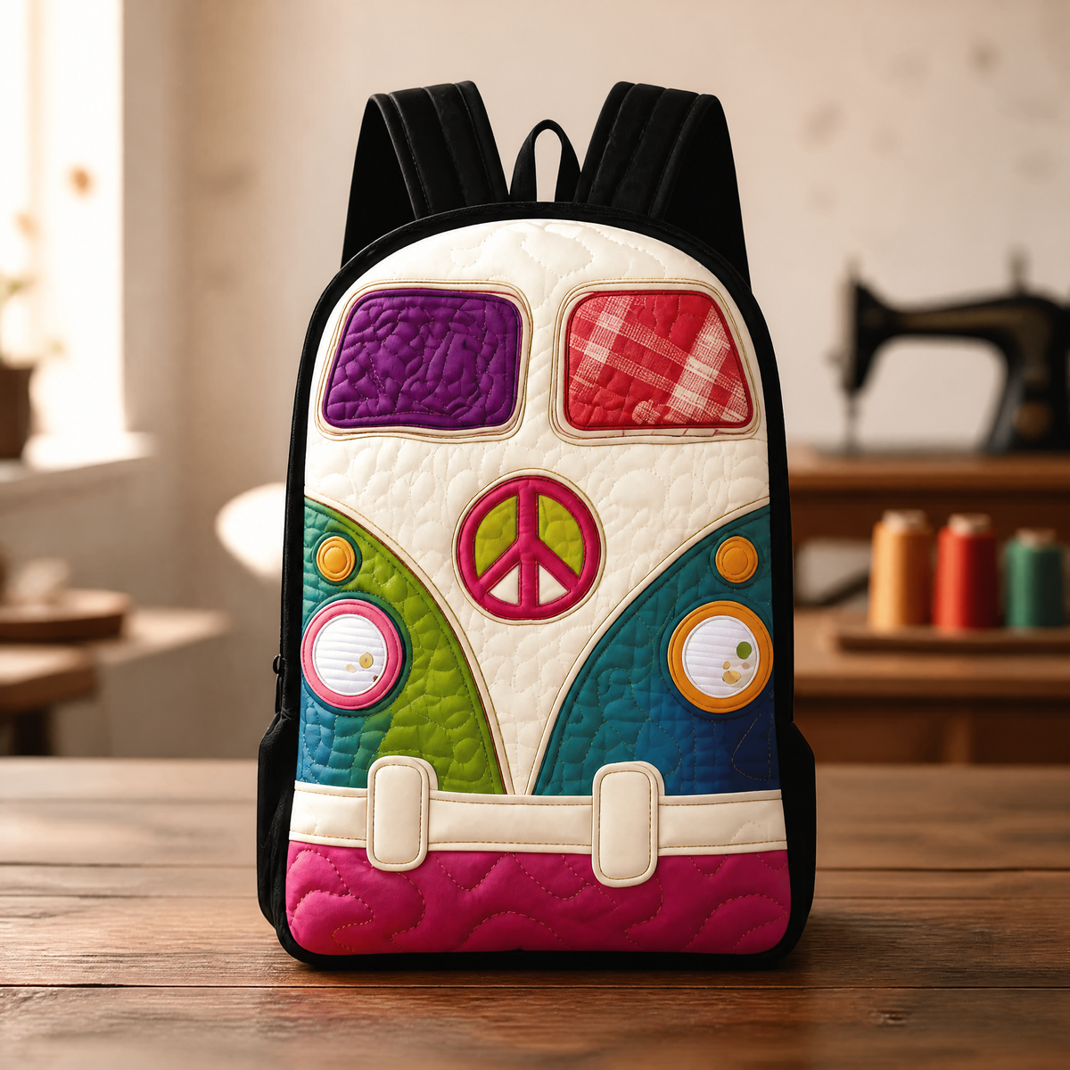 Nuala | Boho Peace Quilted Backpack with Black Straps
