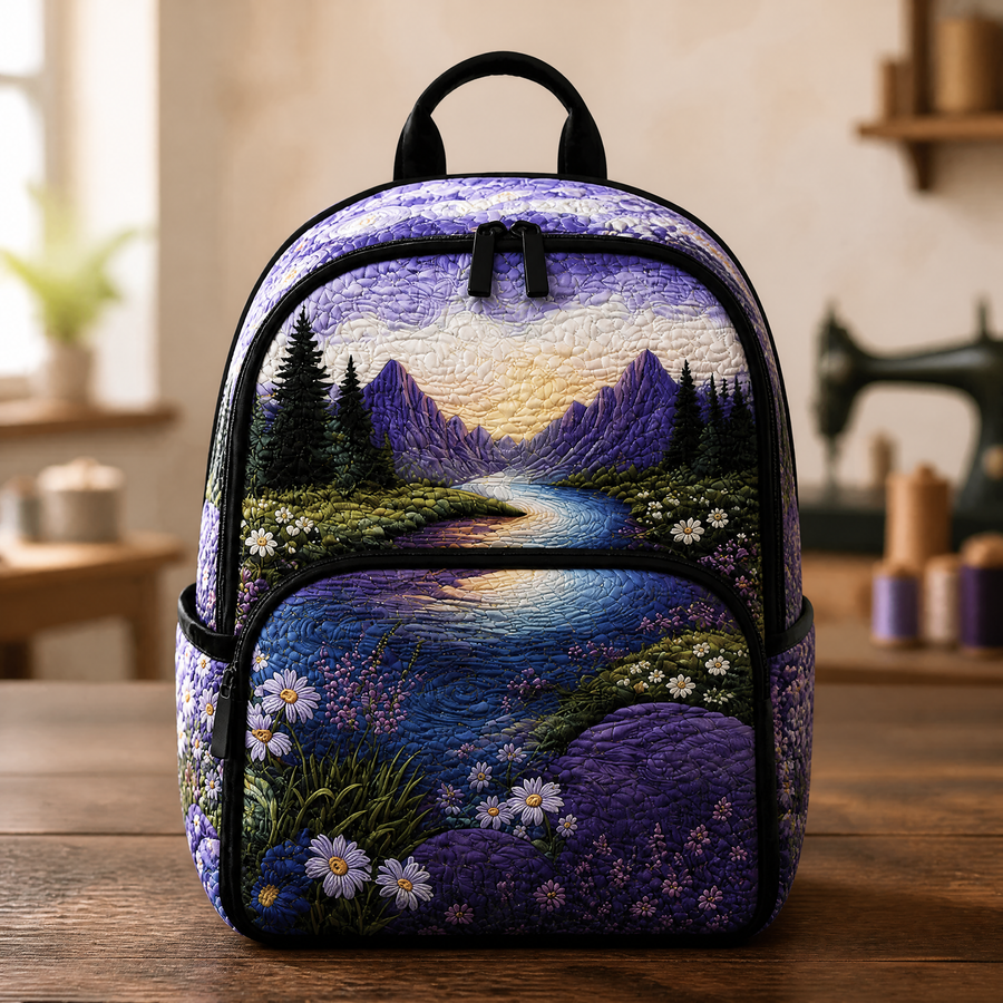 Della | Purple Flowers and Mountains Quilted Backpack