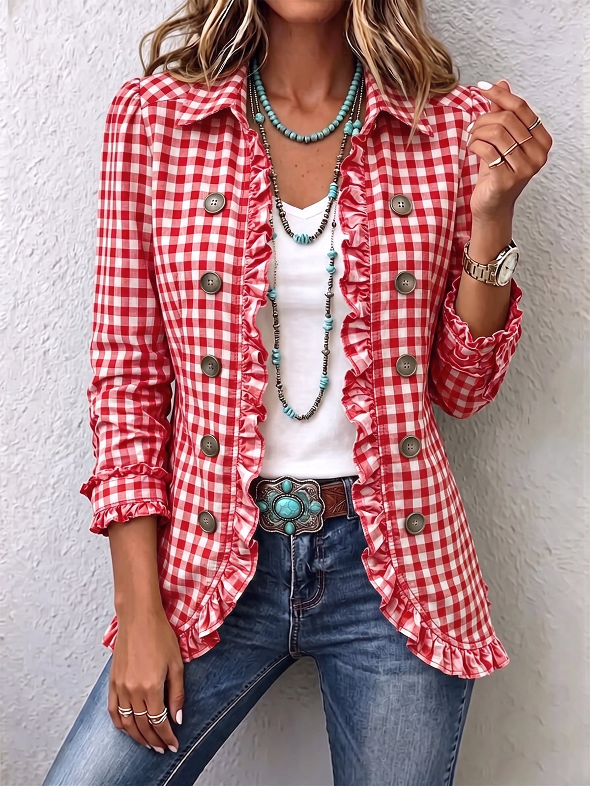Purificación | Gingham Check Jacket with Ruffles