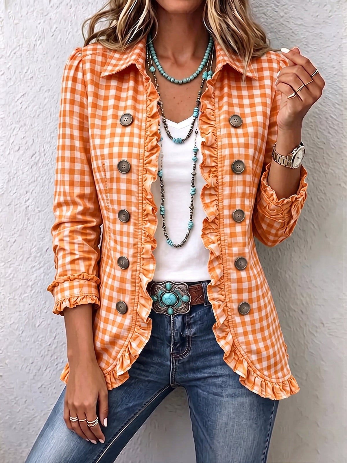 Purificación | Gingham Check Jacket with Ruffles