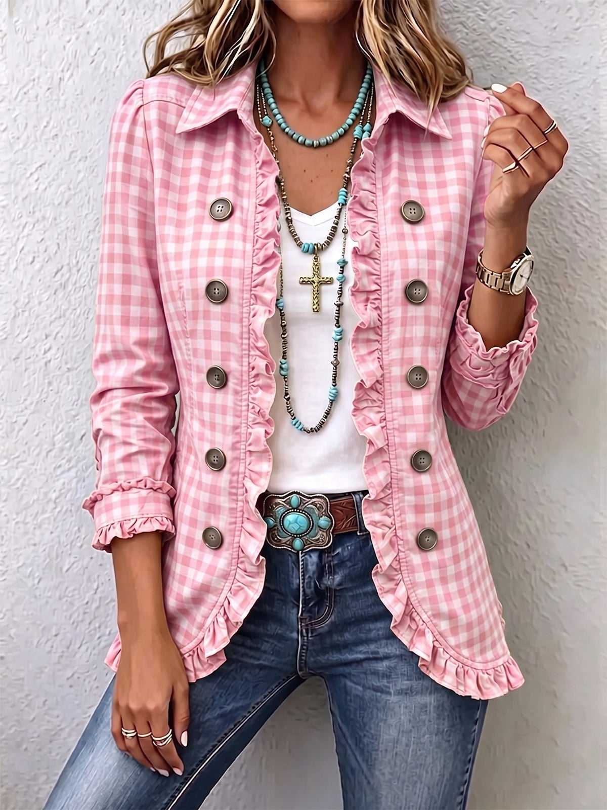 Purificación | Gingham Check Jacket with Ruffles