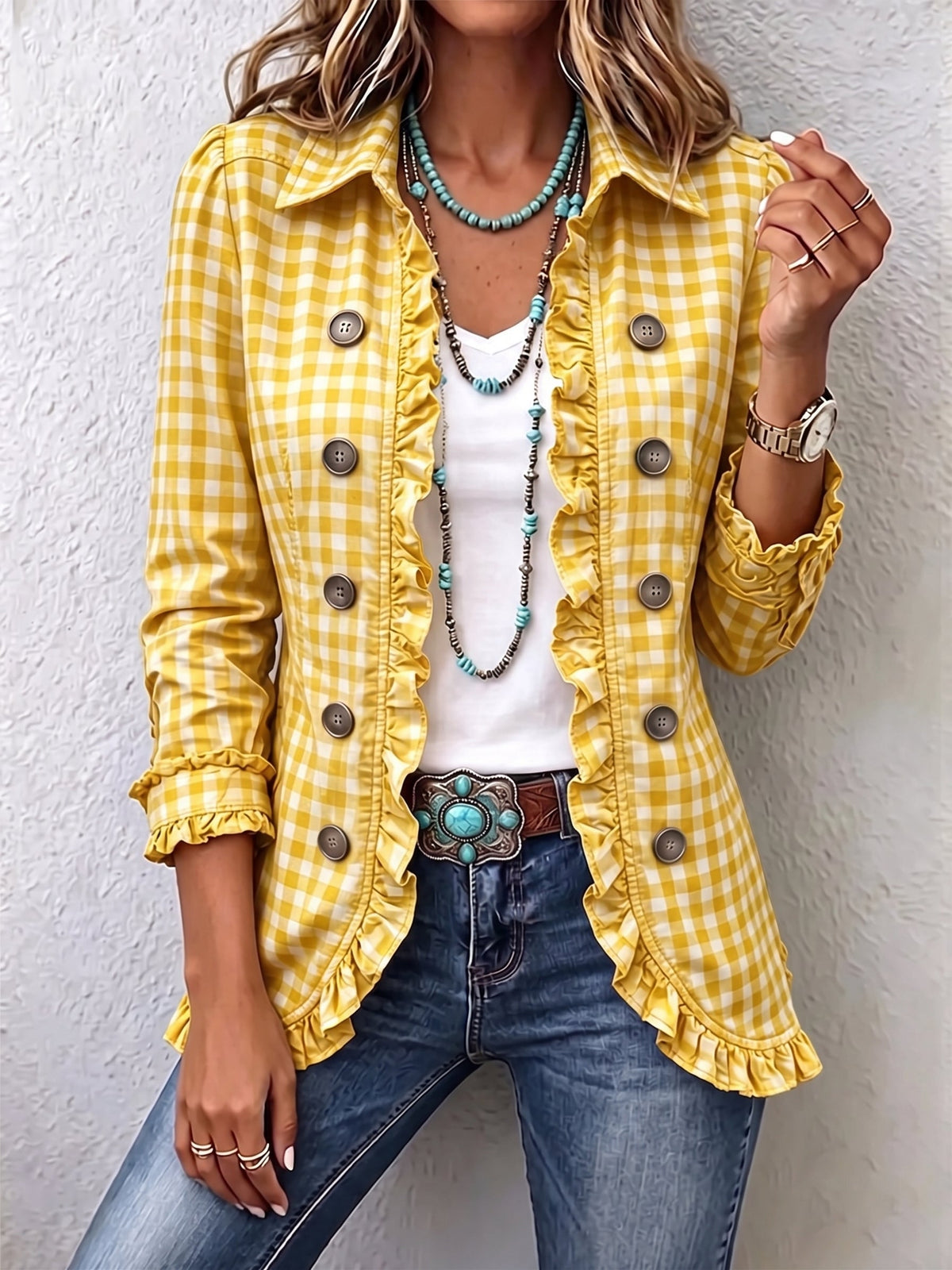 Verona | Ruffled Gingham Button-Down Jacket