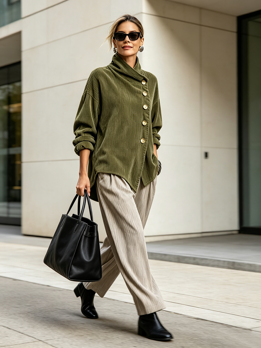 Avery | Wrap-Collar Corduroy Button-Up Top