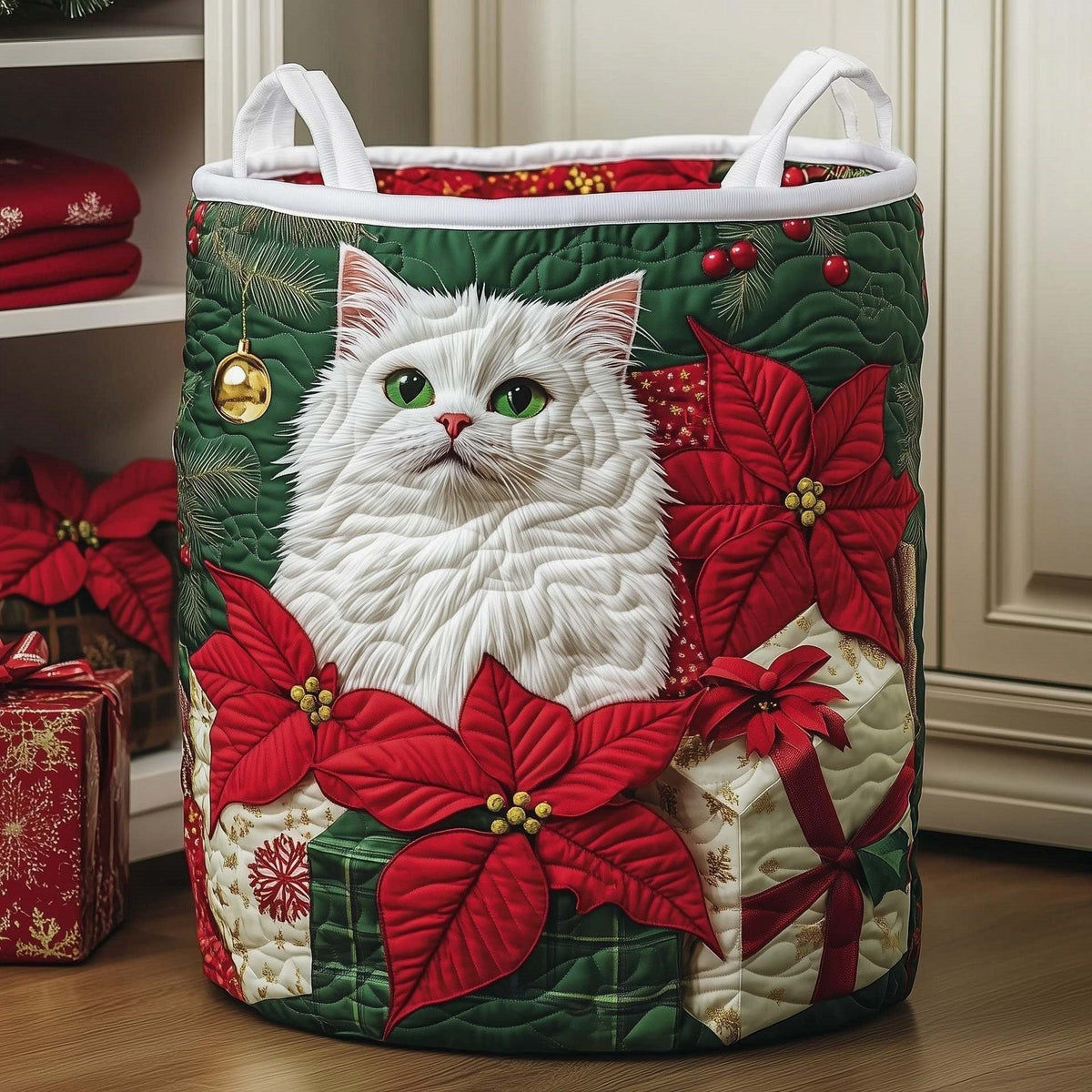 Cerise | Poinsettia Snow Cat Quilted Laundry Basket