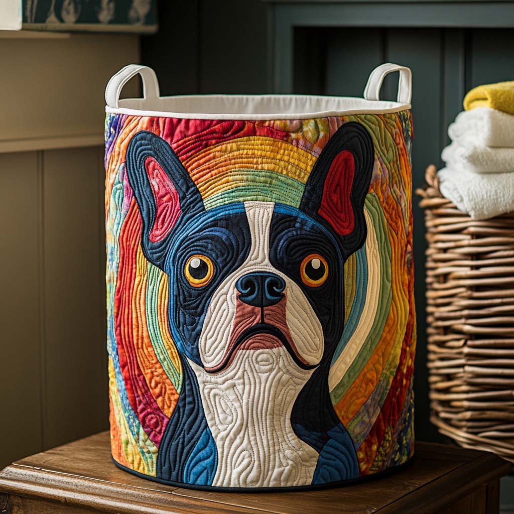 Rosie | Rainbow Boston Terrier Quilted Laundry Basket