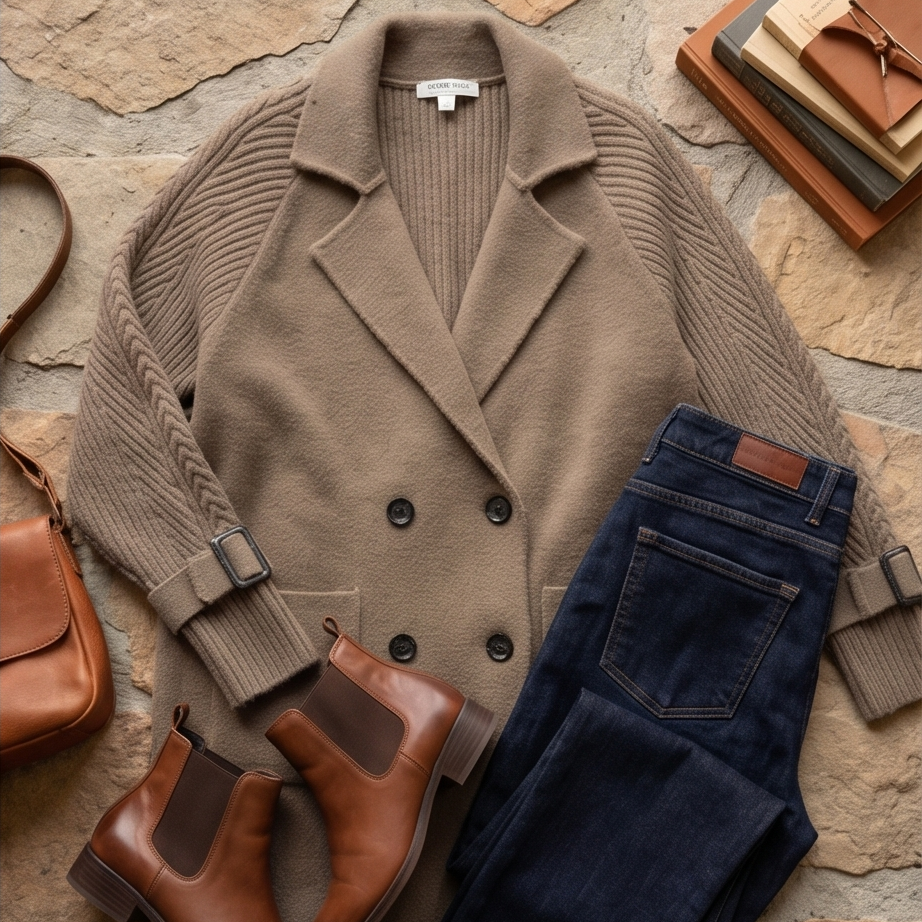 Matilda | Long Coat with Cable-Pattern Sleeves