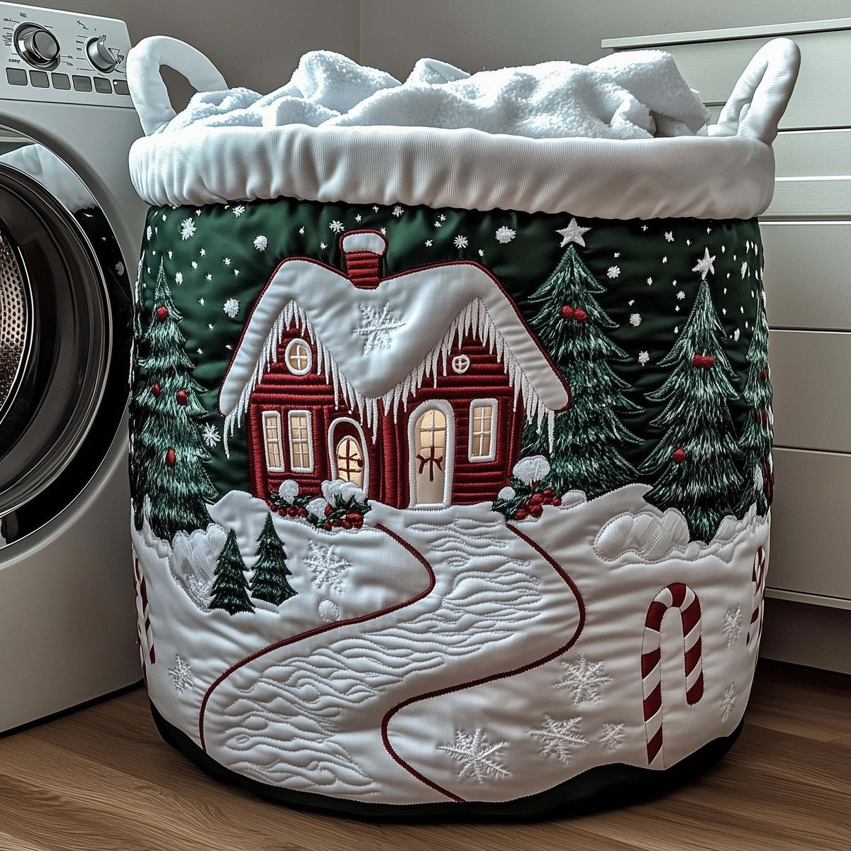 Elsa | Snowy Evergreen Cottage Quilted Laundry Basket