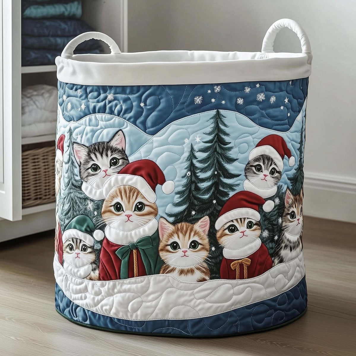 Snowy | Snowy Kitten Gathering Quilted Laundry Basket