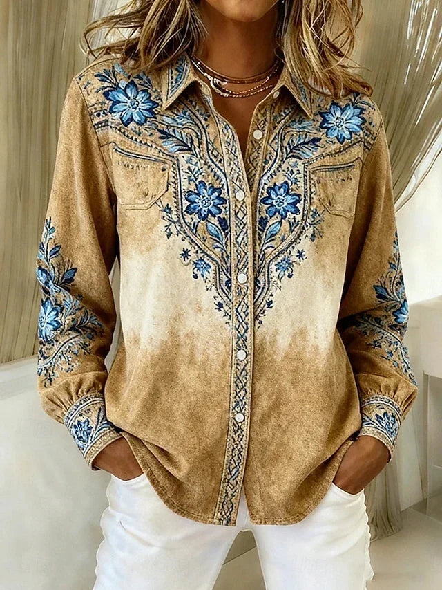 Selina | Western Floral Print Button-Front Blouse