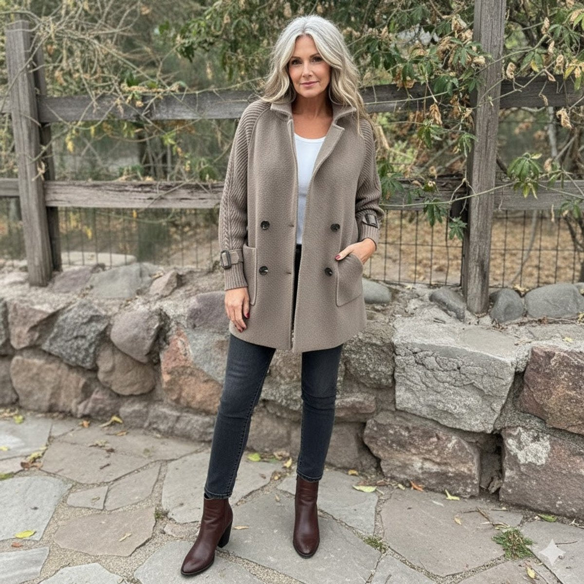 Halle | Double-Breasted Coat with Contrast Sleeves