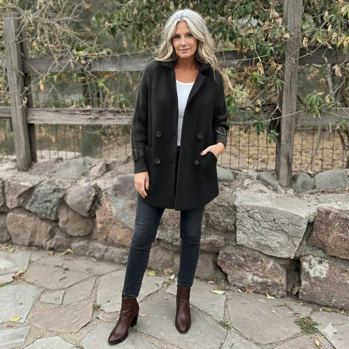 Halle | Double-Breasted Coat with Contrast Sleeves