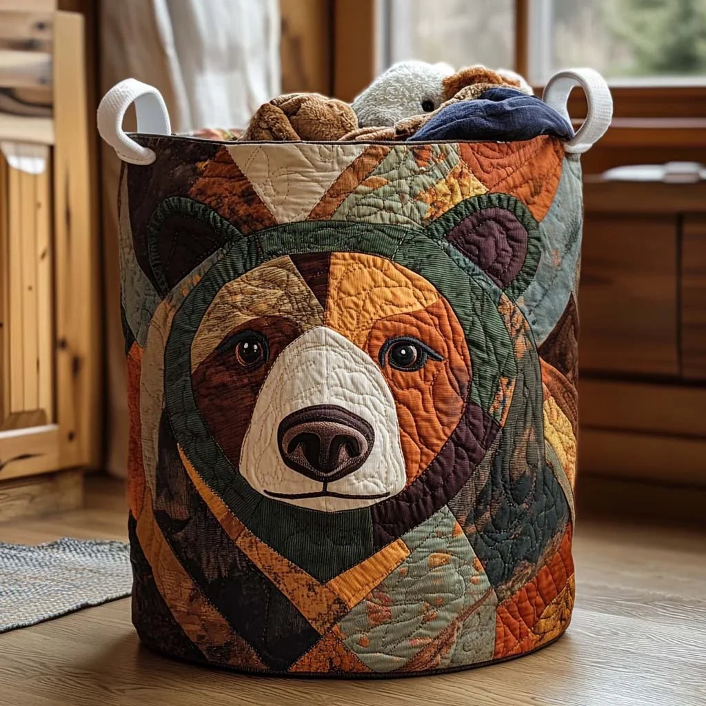 Birch | Woodland Patchwork Bear Quilted Laundry Basket