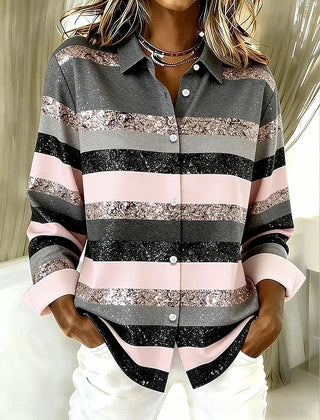 Evancline | Casual Horizontal Stripe Button Blouse